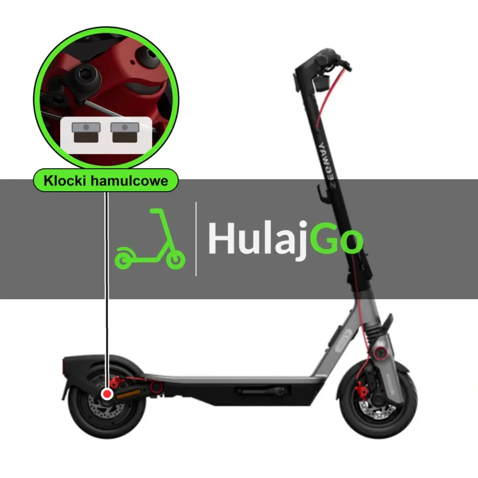 Segway F3 Pro - w powiększeniu zacisk z klockami hamulcowymi (wymiana klocków hamulcowych)