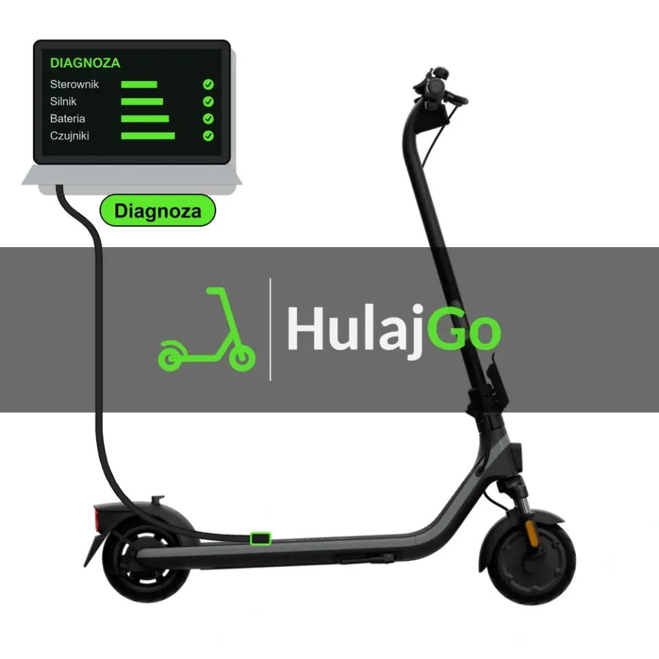 Segway E2 Plus - laptop diagnostyczny podłączony przewodem do hulajnogi (diagnoza)