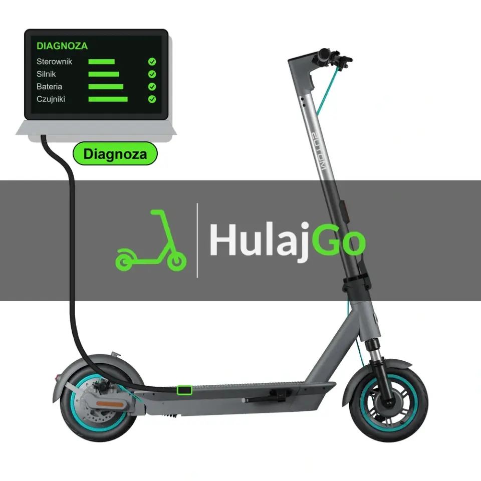 Motus Scooty 10 Plus - laptop diagnostyczny podłączony przewodem do hulajnogi (diagnoza)