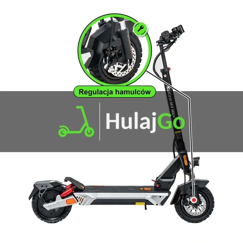 Kukirin M4 Max - w powiększeniu hamulec tarczowy (regulacja hamulców)