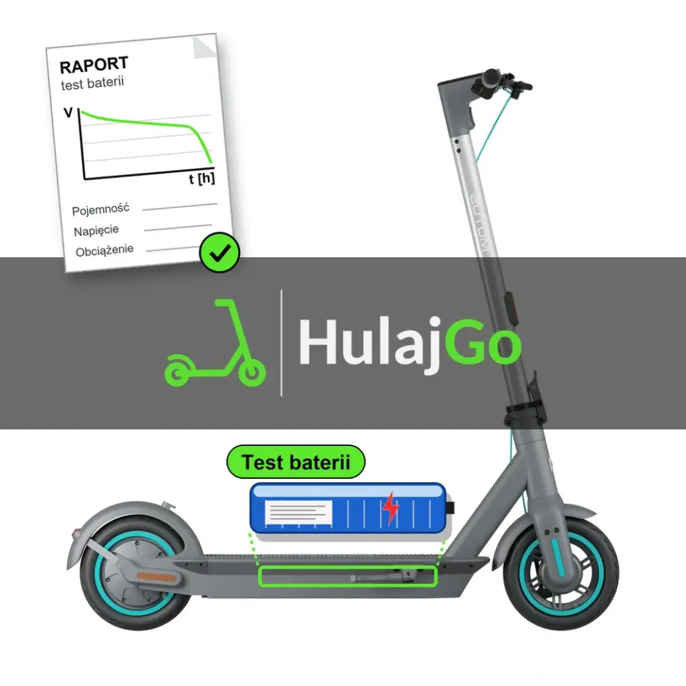 Motus Scooty 10 - niebieska bateria i papierowy raport z krzywą rozładowania (test baterii)