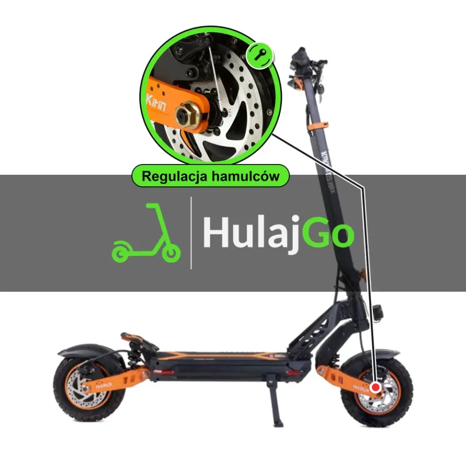 Kukirin G2 Max - w powiększeniu hamulec tarczowy (regulacja hamulców)