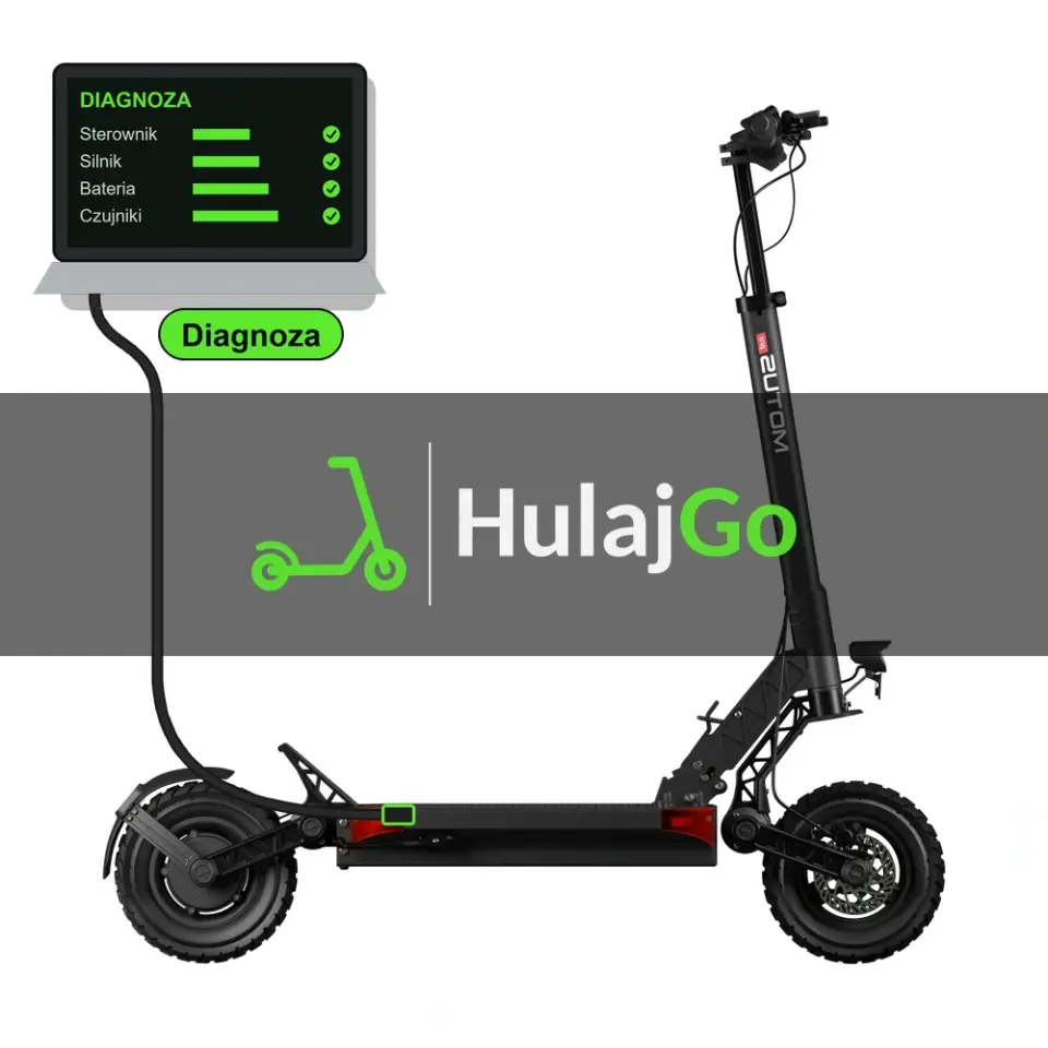 Motus Pro 10 - laptop diagnostyczny podłączony przewodem do hulajnogi (diagnoza)