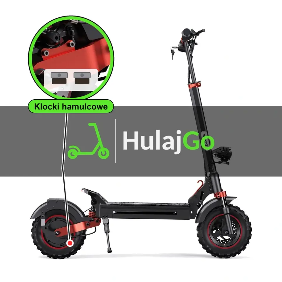 iScooter iX5S - w powiększeniu zacisk z klockami hamulcowymi (wymiana klocków hamulcowych)