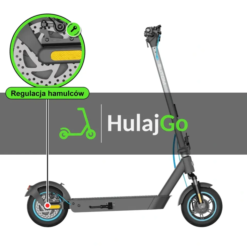Motus Scooty 10 Pro - w powiększeniu hamulec tarczowy (regulacja hamulców)