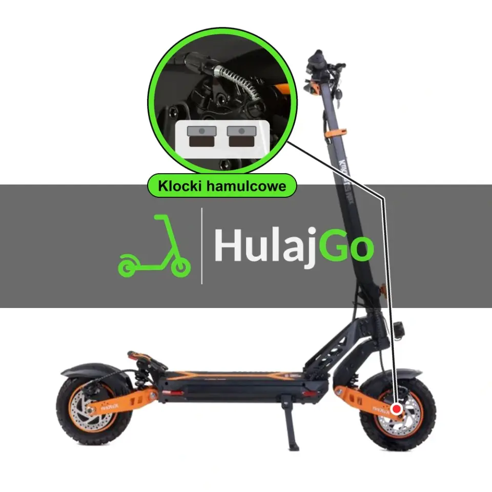 Kukirin G2 Max - w powiększeniu zacisk z klockami hamulcowymi (wymiana klocków hamulcowych)