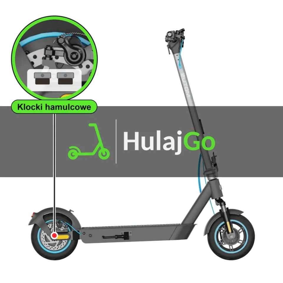 Motus Scooty 10 Pro - w powiększeniu zacisk z klockami hamulcowymi (wymiana klocków hamulcowych)