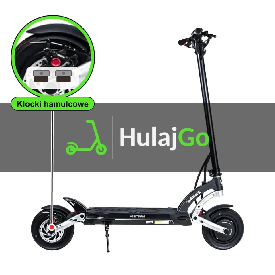 Kaabo Mantis 10 Pro - w powiększeniu zacisk z klockami hamulcowymi (wymiana klocków hamulcowych)