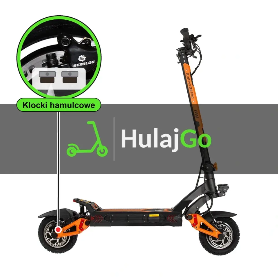 Kukirin G3 Pro - w powiększeniu zacisk z klockami hamulcowymi (wymiana klocków hamulcowych)