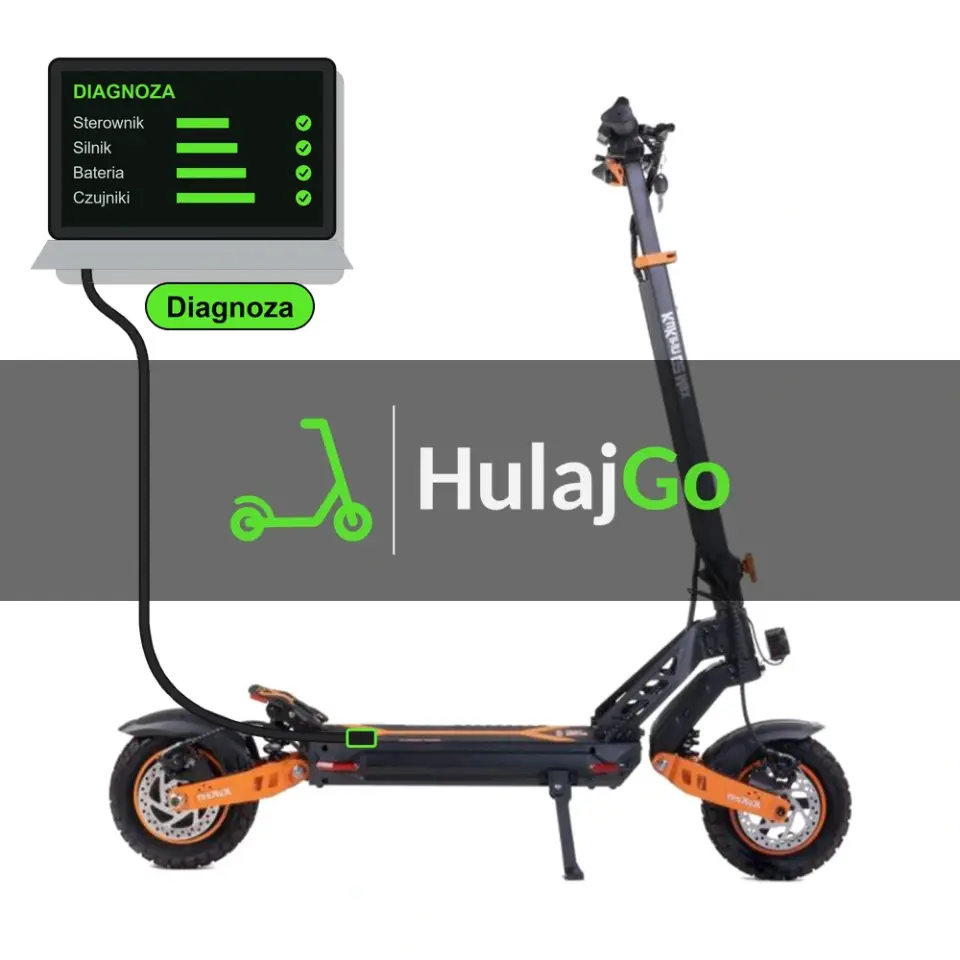 Kukirin G2 Max - laptop diagnostyczny podłączony przewodem do hulajnogi (diagnoza)