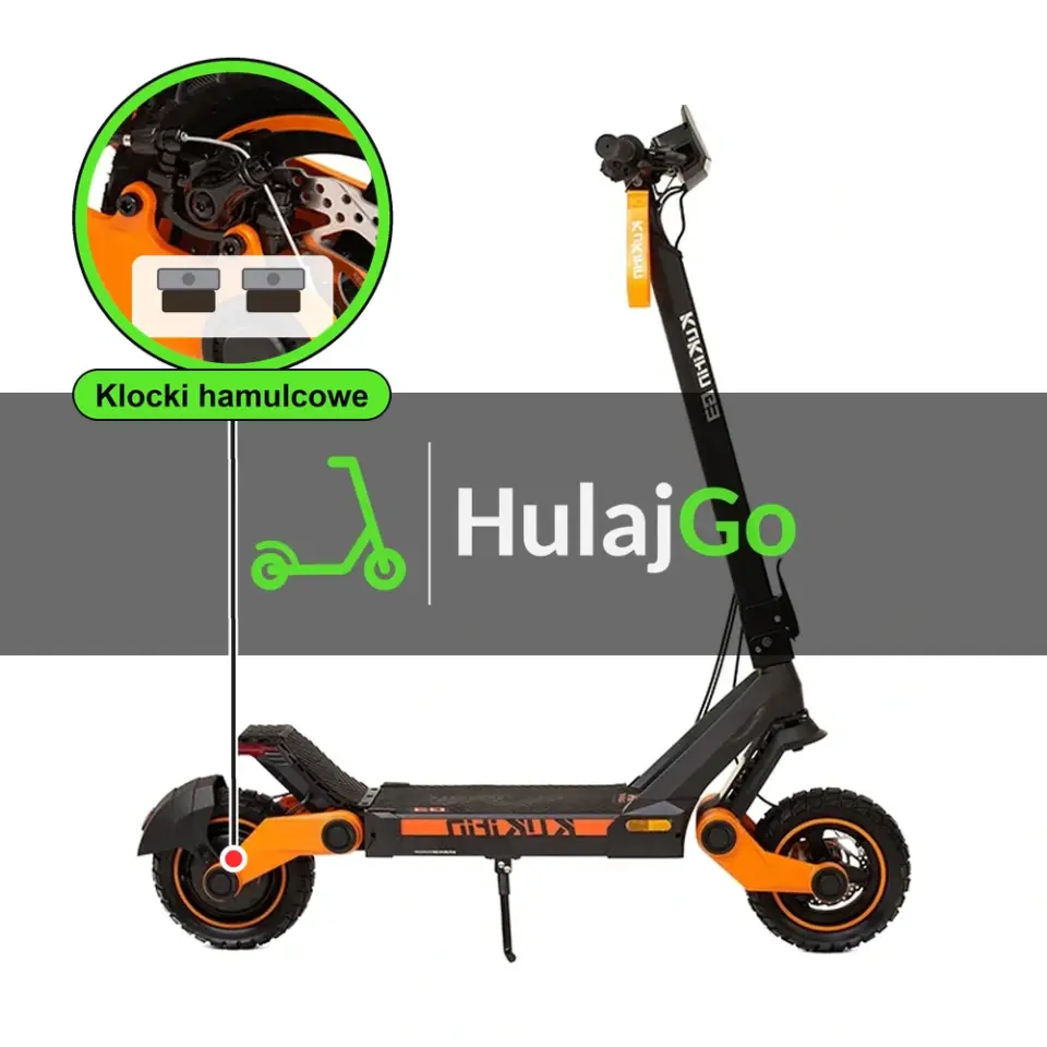 Kukirin G3 - w powiększeniu zacisk z klockami hamulcowymi (wymiana klocków hamulcowych)