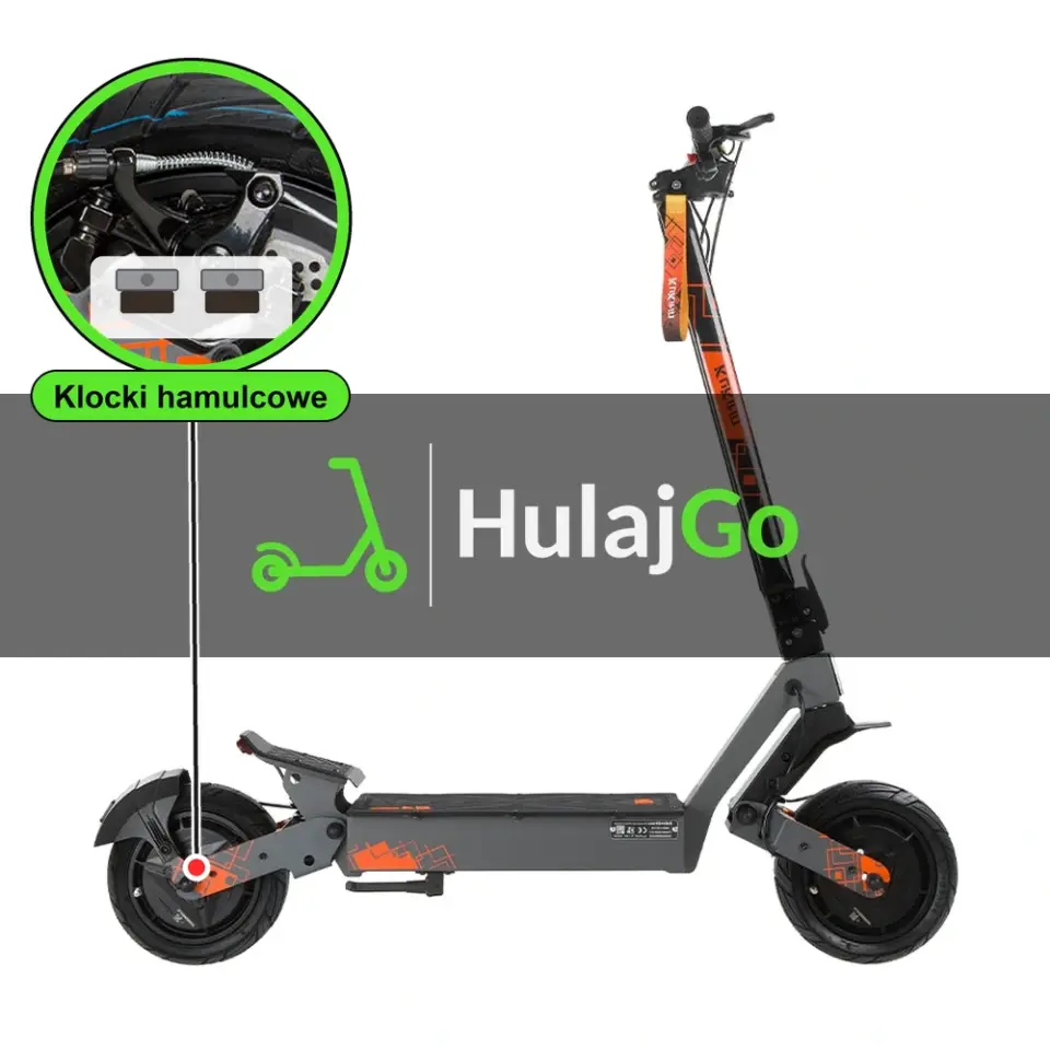 Kukirin G4 Ultra - w powiększeniu zacisk z klockami hamulcowymi (wymiana klocków hamulcowych)