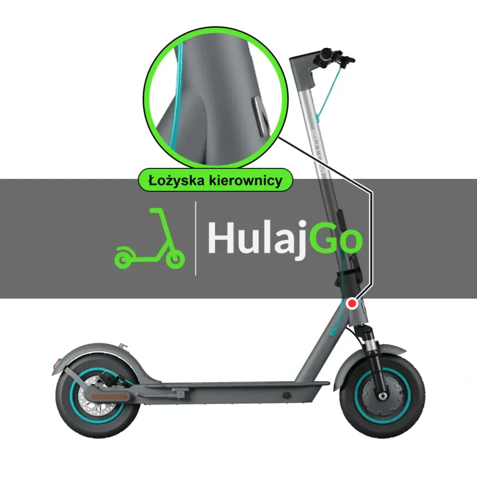 Motus Scooty 10 Lite - w powiększeniu główka ramy z łożyskami kierownicy (wymiana łożysk kierownicy)