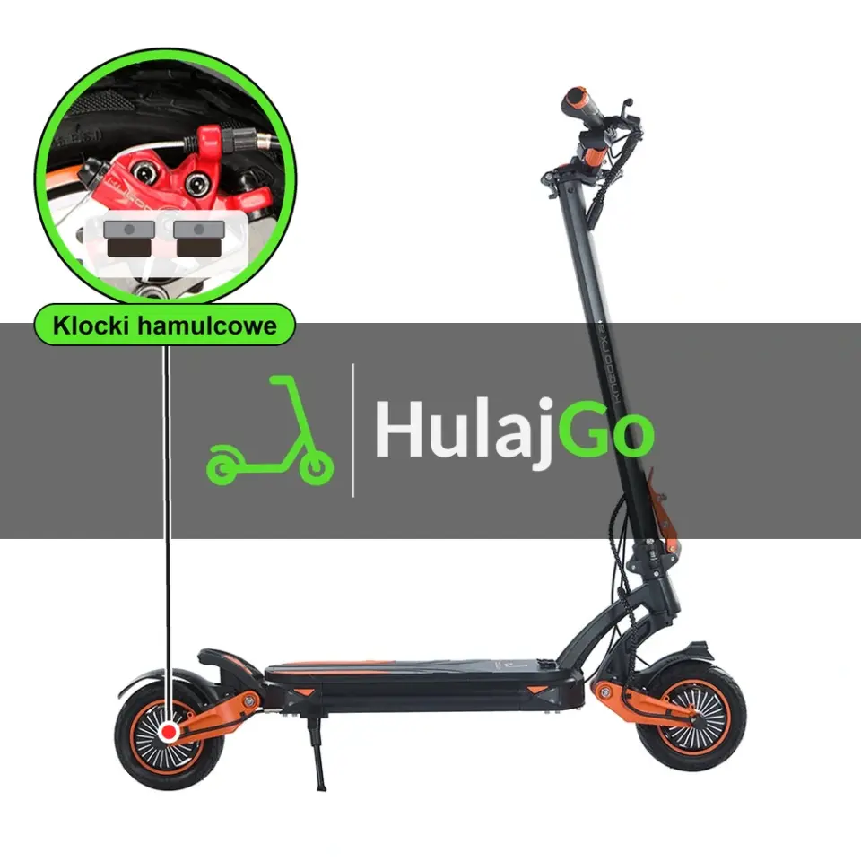Kugoo LX9+ - w powiększeniu zacisk z klockami hamulcowymi (wymiana klocków hamulcowych)