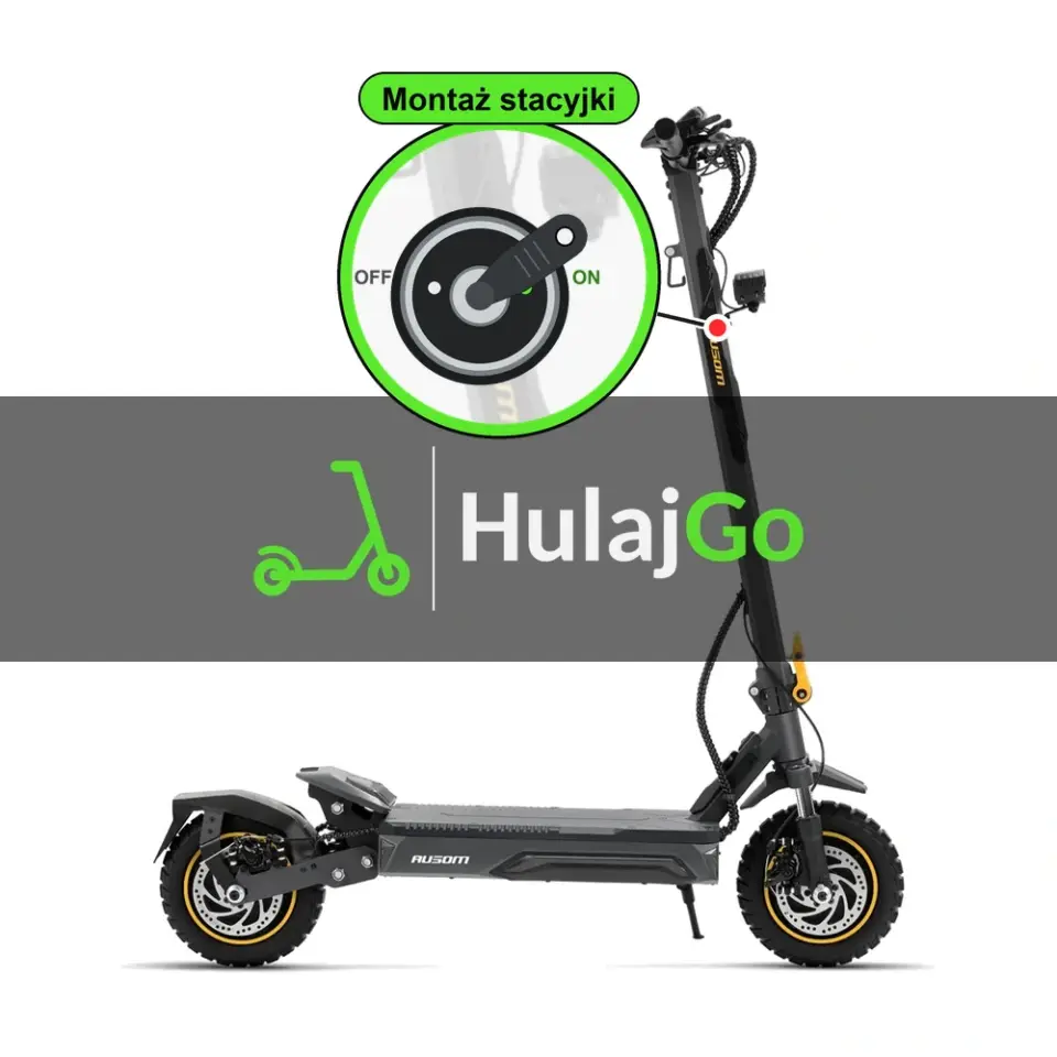 Ausom K20 Pro Dual Motor - w powiększeniu stacyjka z kluczykiem na kolumnie kierownicy (montaż stacyjki)