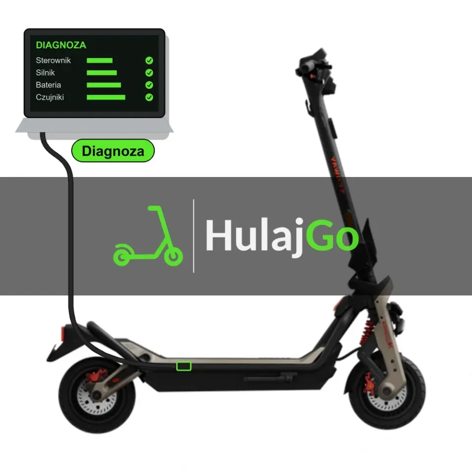 Segway GT3 Pro - laptop diagnostyczny podłączony przewodem do hulajnogi (diagnoza)